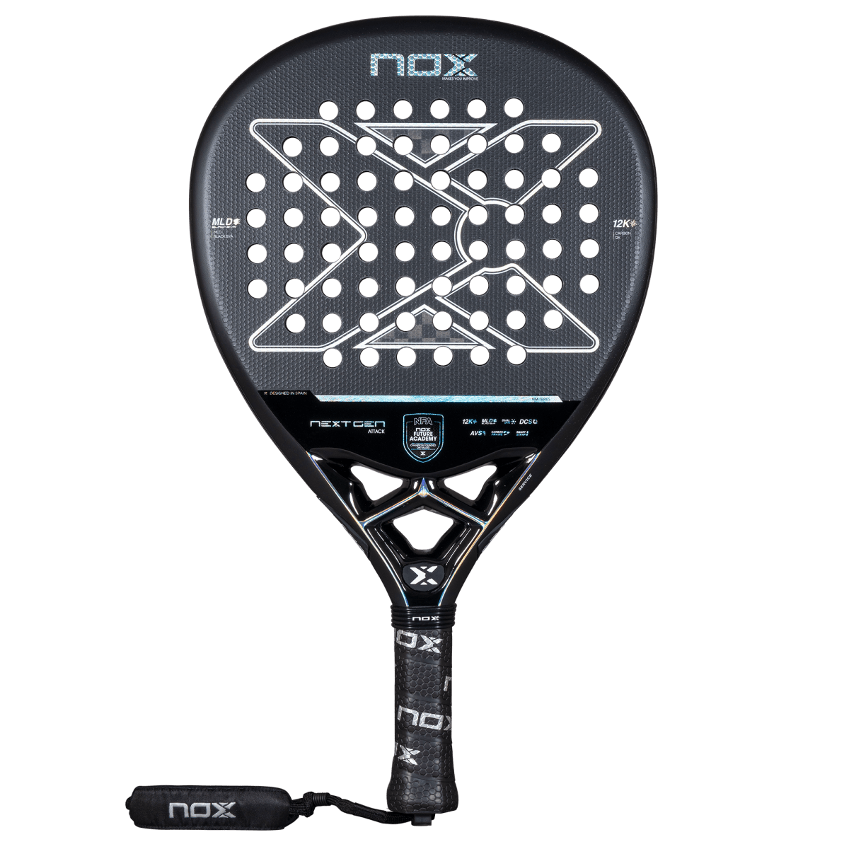 NOX NextGen Pro Attack 12K 2026 padel racket – front view (black/grey)