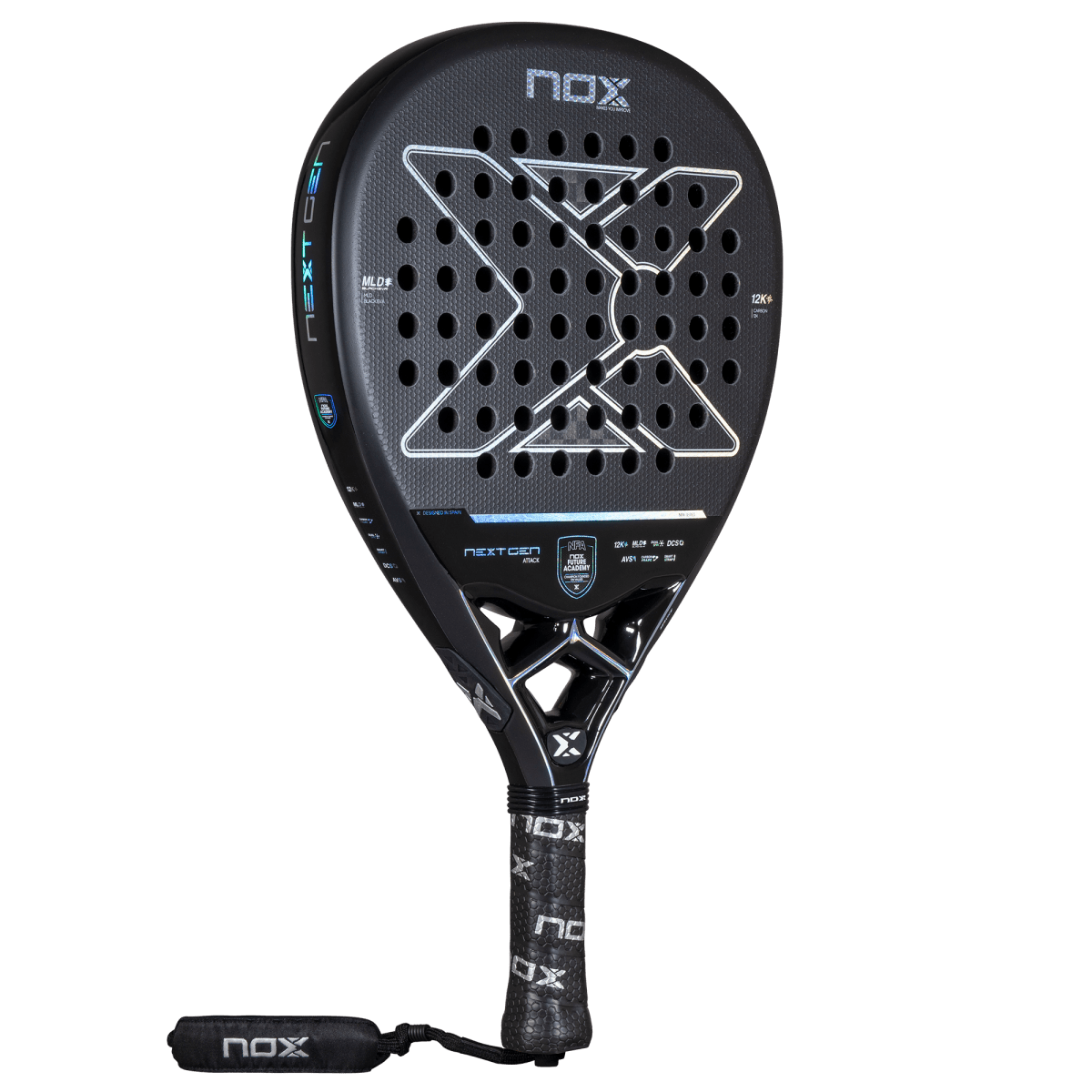 NOX NextGen Pro Attack 12K 2026 padel racket – angled view (black/grey)